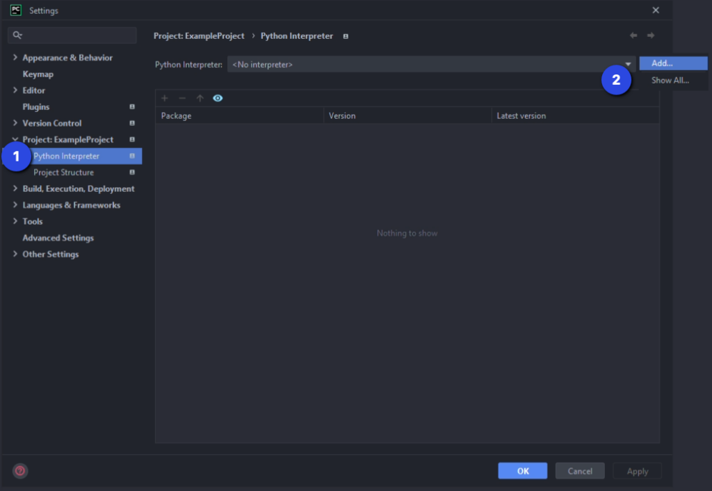 PyCharm Python Interpreter settings panel