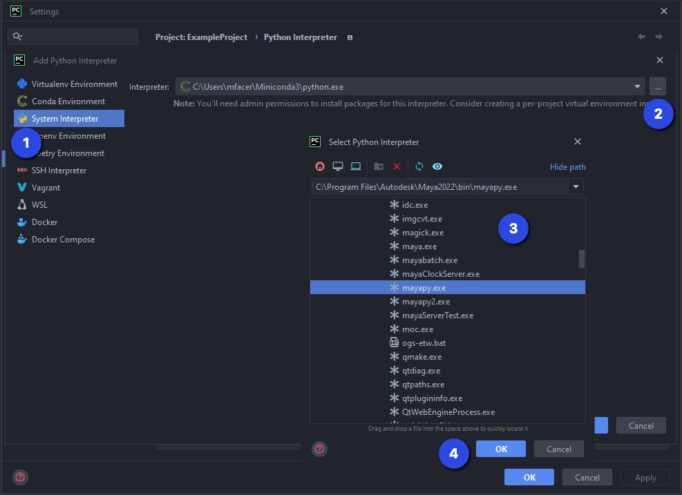 System Interpreter selection dialog